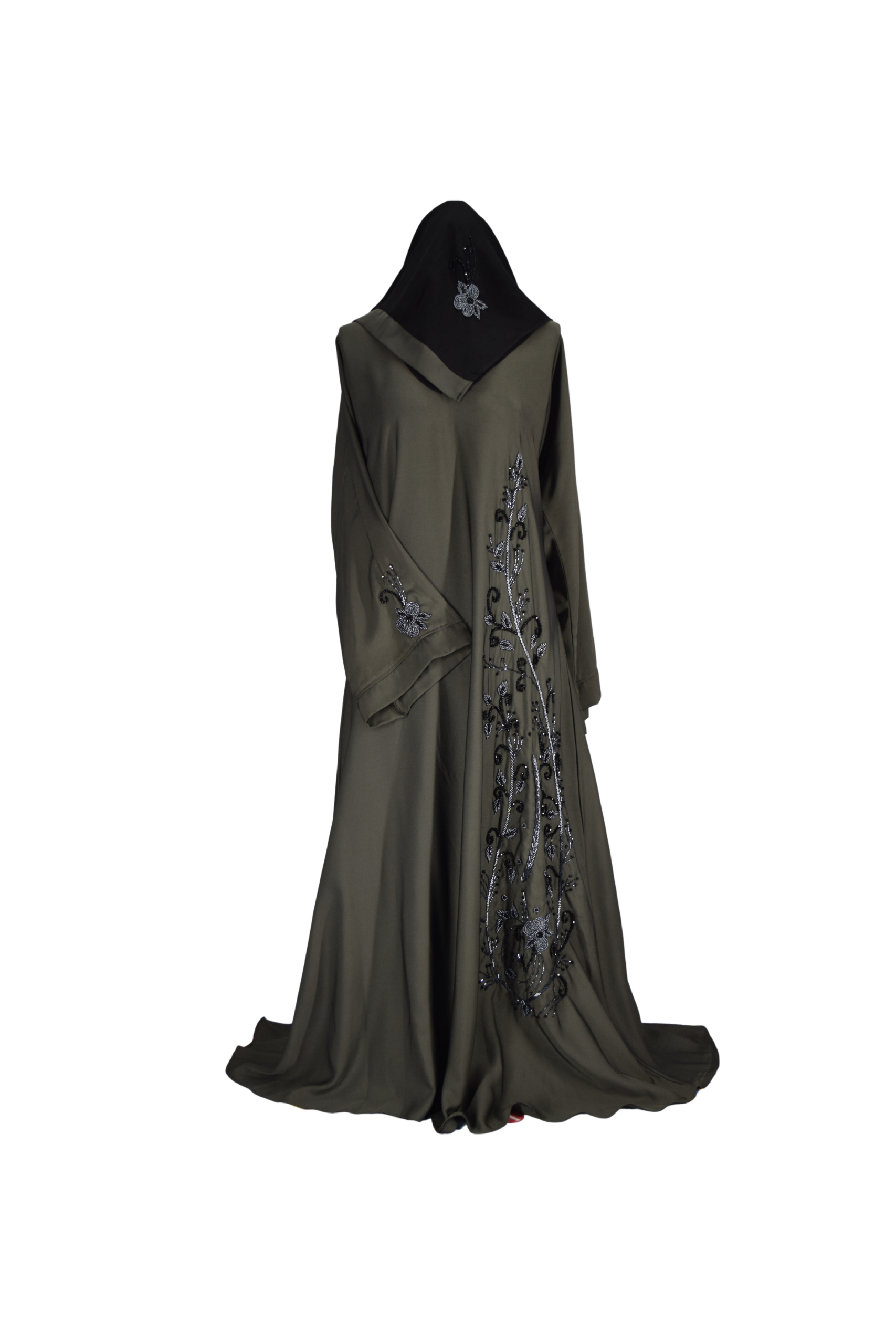 Olive green embroidered abaya with elegant handwork and black contrast hijab