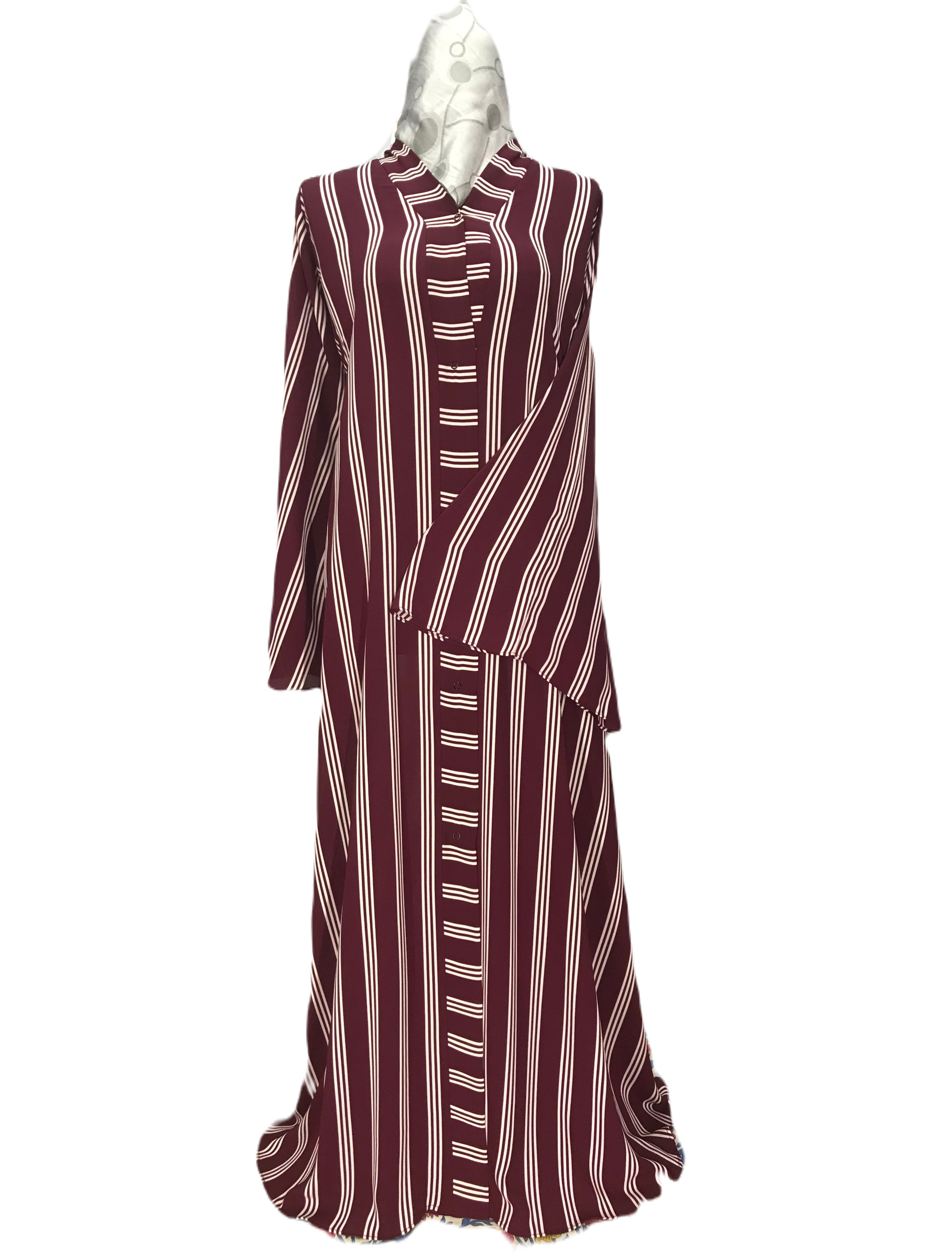 Maroon striped button front abaya for women
