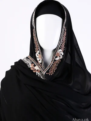 Luxury Embroidered Chiffon Shawl – Black (Floral Border)