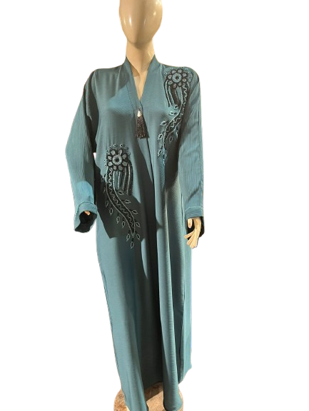 teal embroidered abaya front view