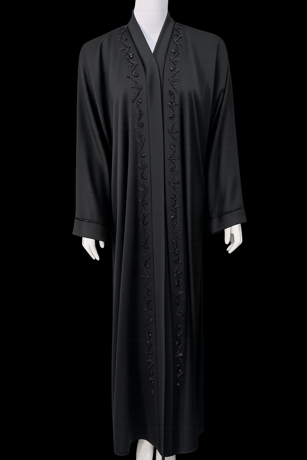 Elegant black embroidered open abaya with flowing silhouette and delicate front embroidery for modest fashion.