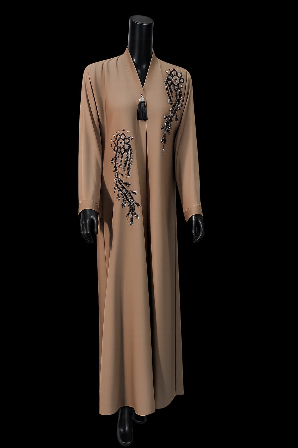 Brown floral embroidered abaya for women with bead detailing and tassel neckline
